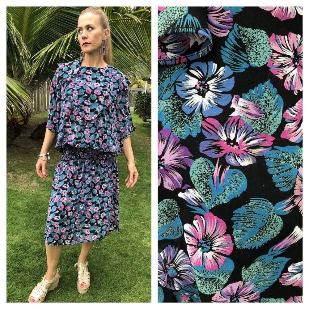 Vintage 80s does 20s Dropped Waist Tropical Hawaiian Flowy Dress | Small Medium